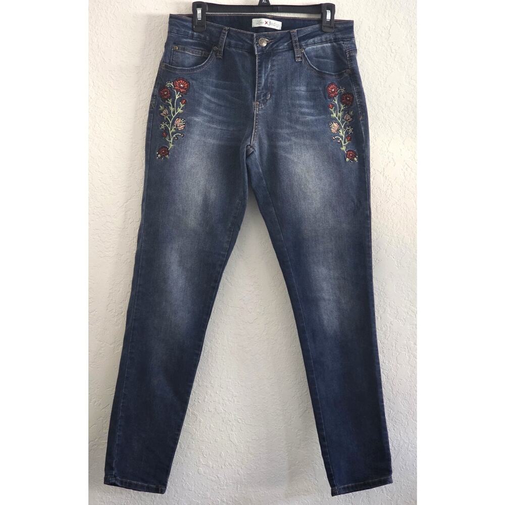 Jeans-Woman's-Love X Indigo-Blue Wash-Embroidery-Straight Legs-5 Pocket-Size 10
